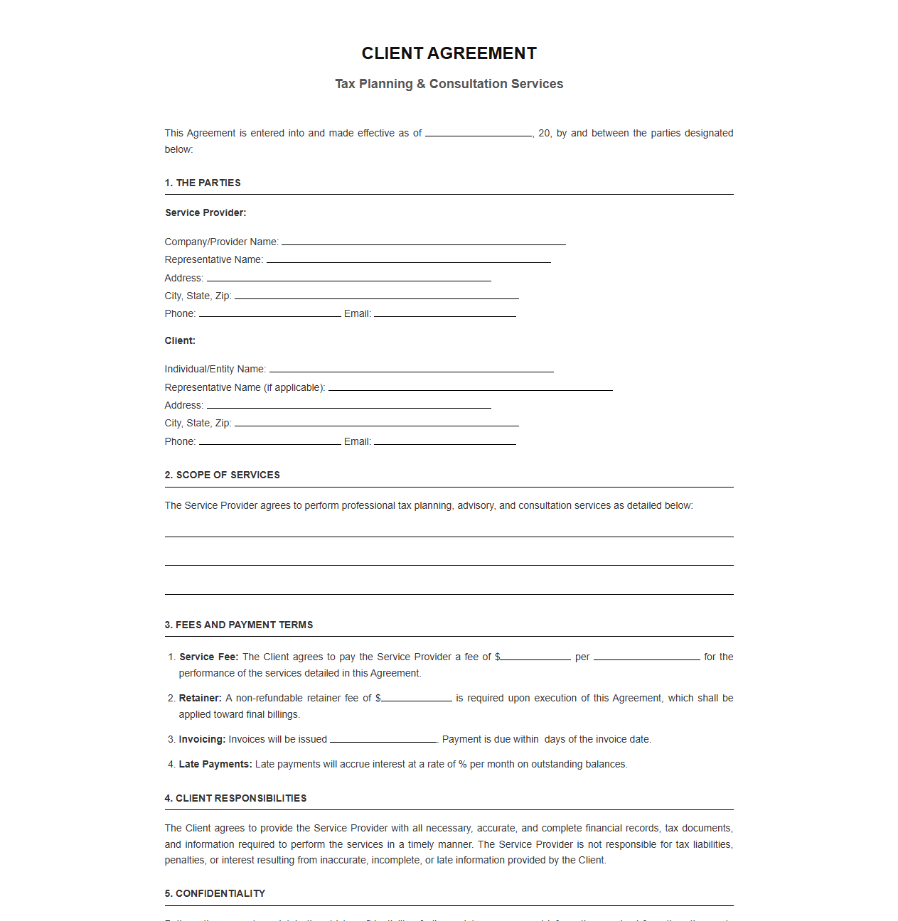 Client Agreement for Tax Planning and Consultation
