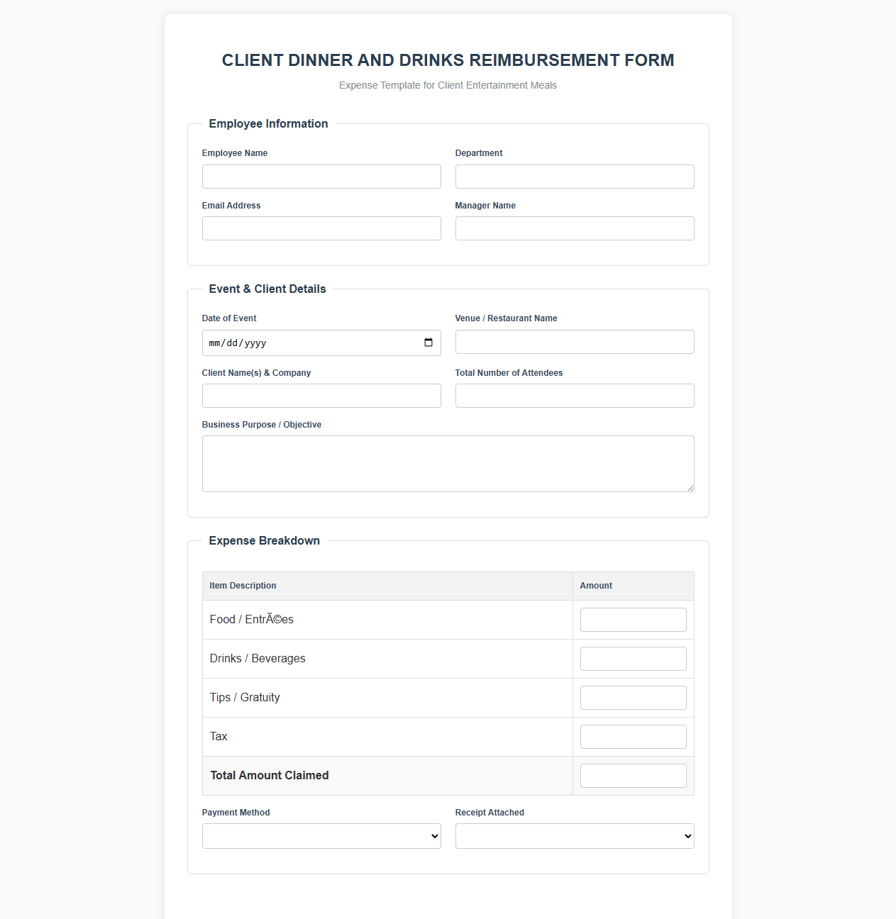 Client Dinner and Drinks Reimbursement Form