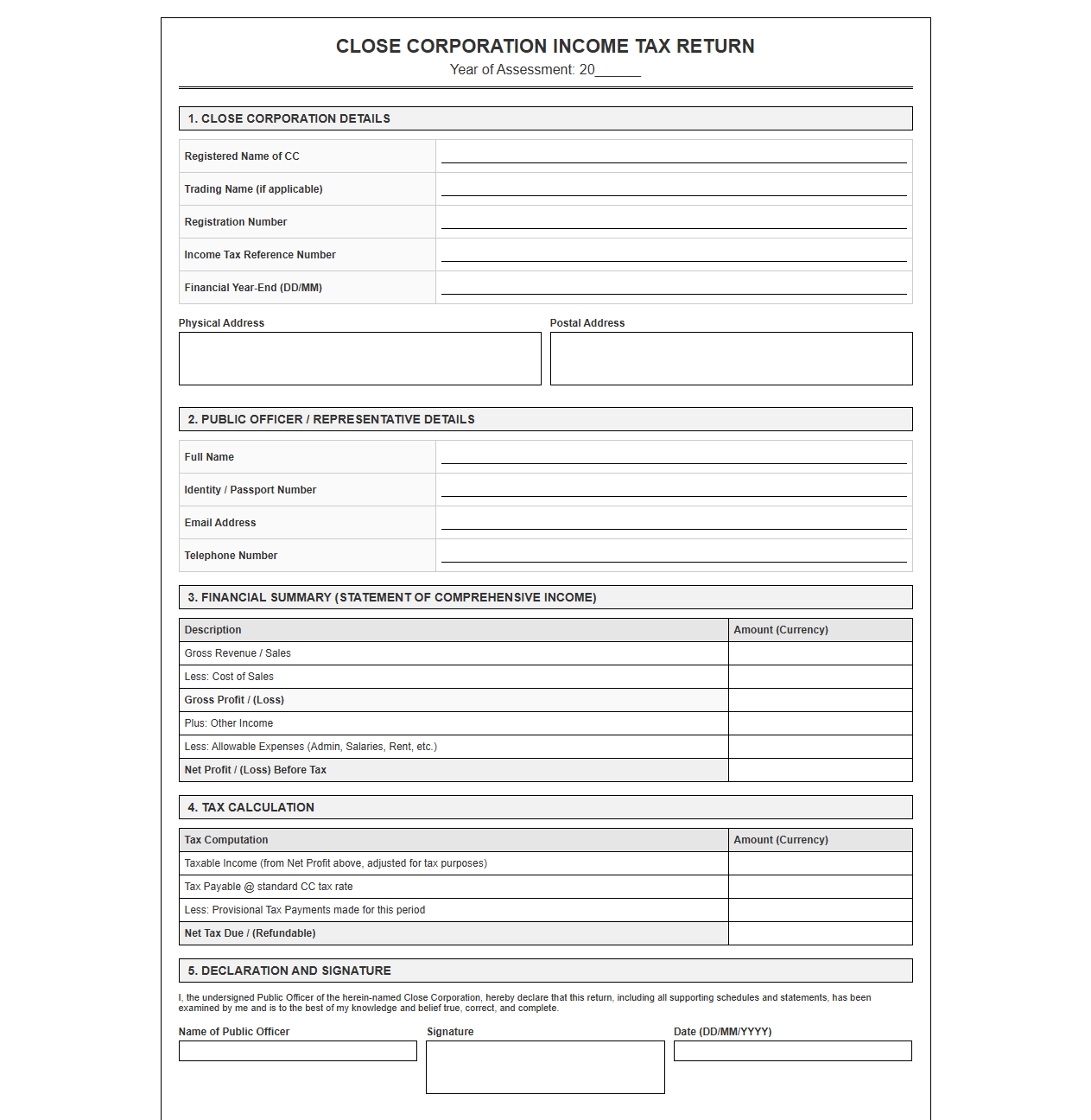Close Corporation Income Tax Return Template