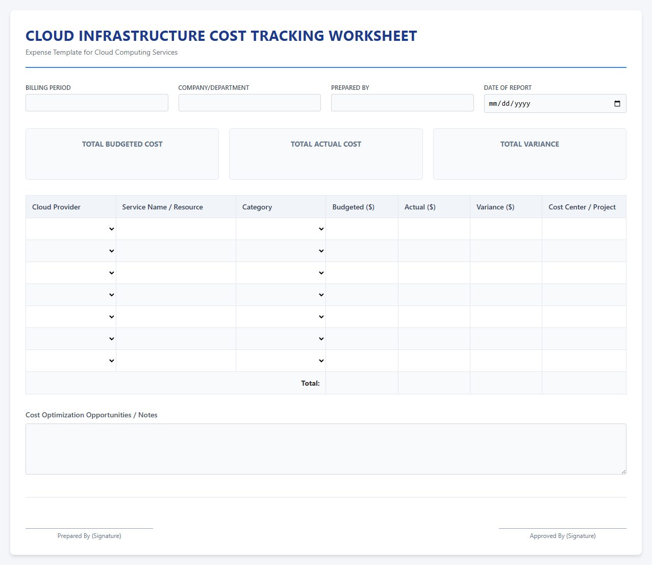 Cloud Infrastructure Cost Tracking Worksheet