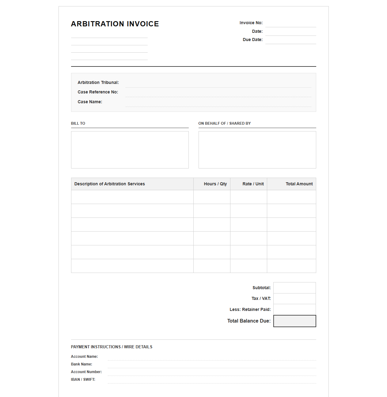 Commercial Arbitration Invoice Template
