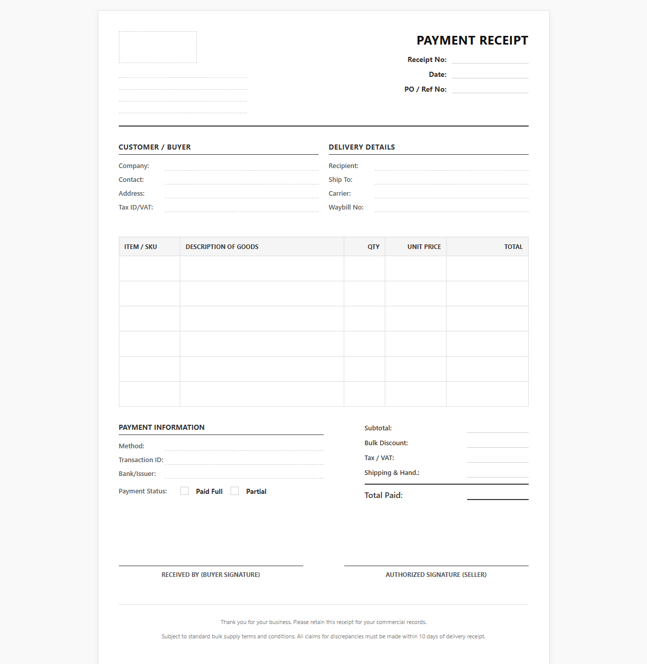 Commercial Bulk Order Payment Receipt