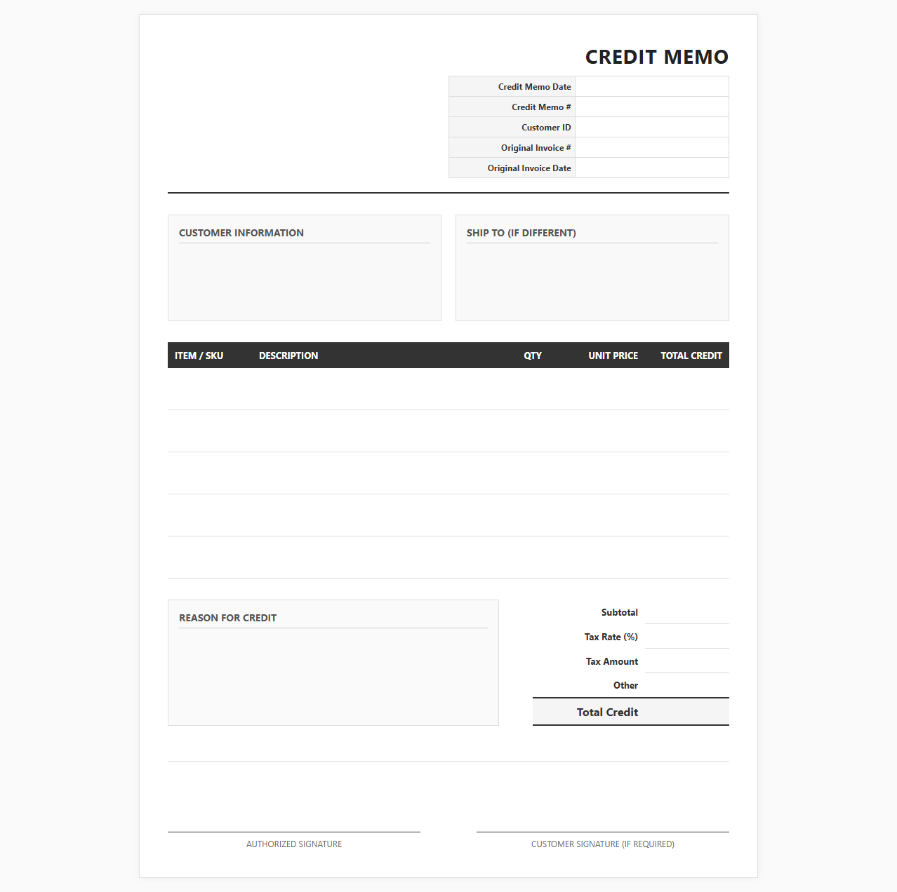 Commercial Credit Memo Invoice Format