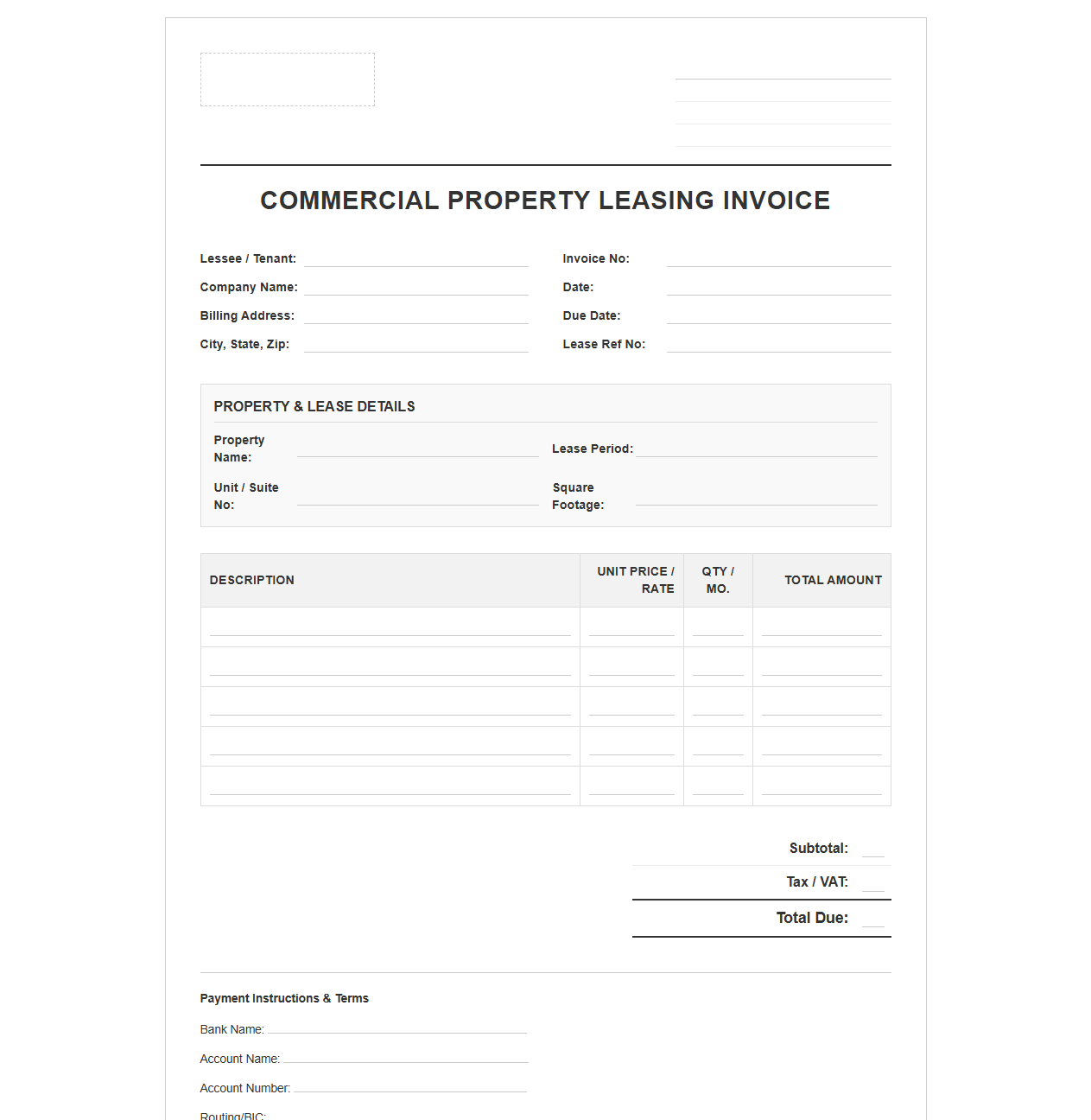 Commercial Property Leasing Invoice Template
