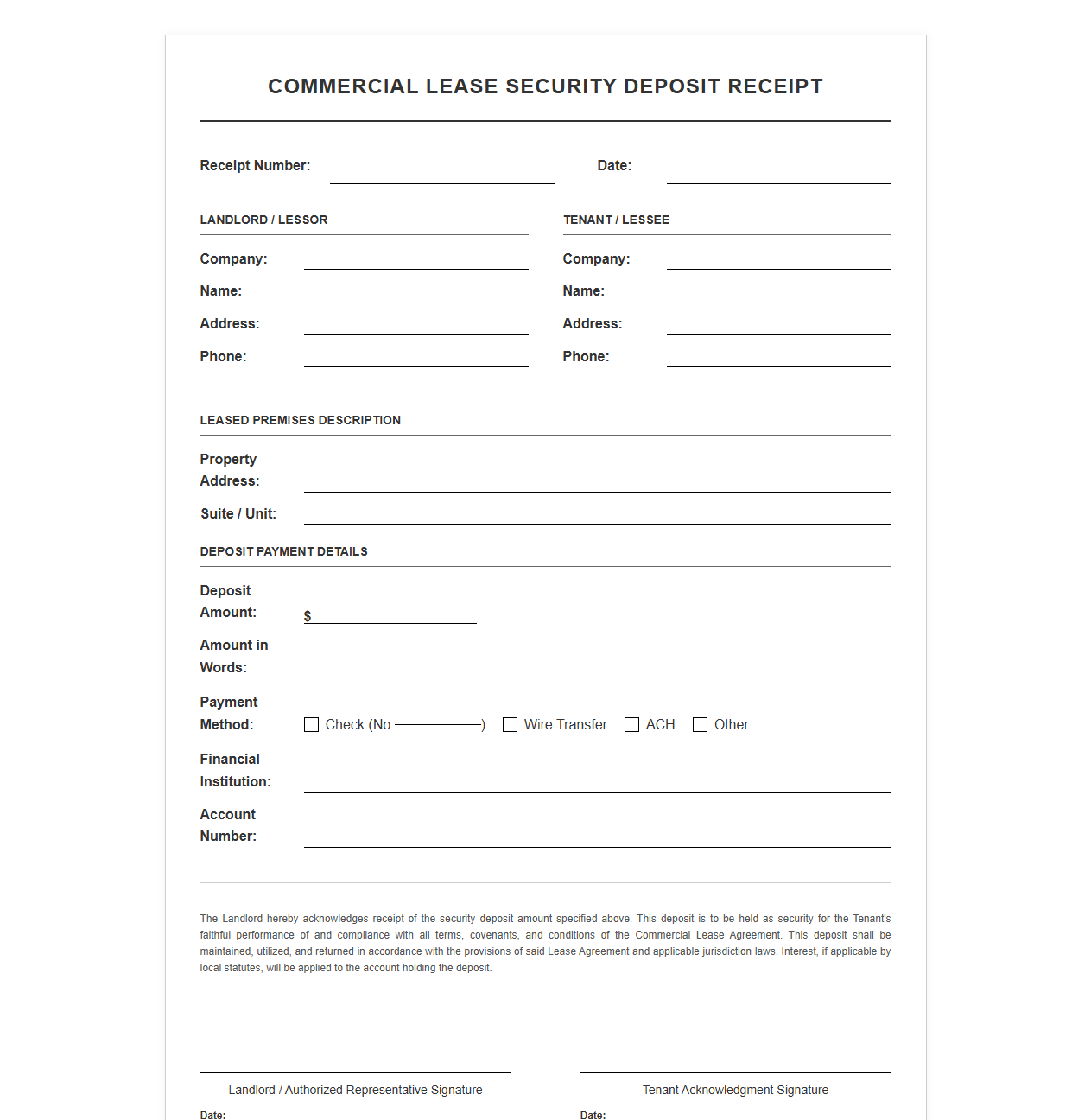 Commercial Tenant Security Deposit Receipt