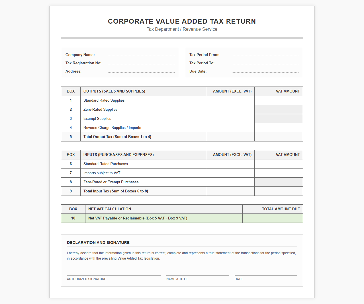 Company Value Added Tax Return Sheet