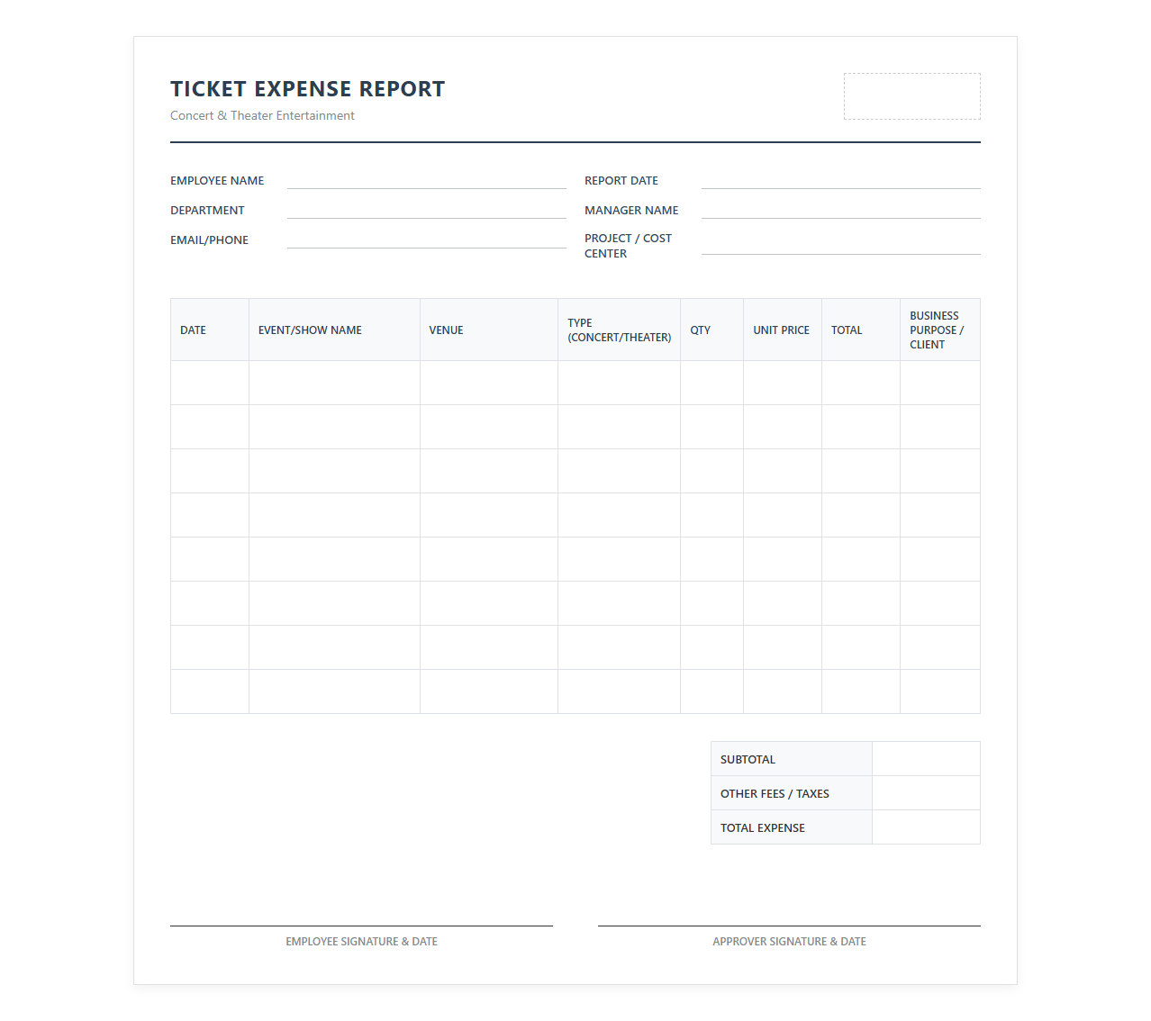 Concert and Theater Ticket Expense Report
