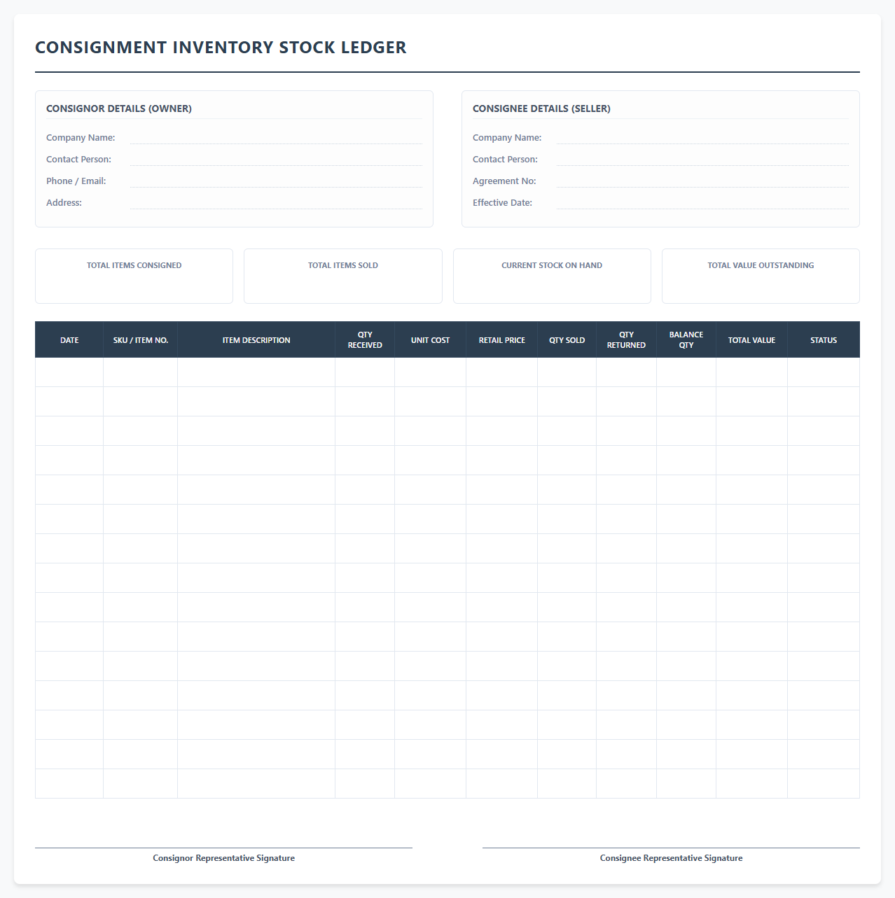 Consignment Inventory Stock Ledger Spreadsheet