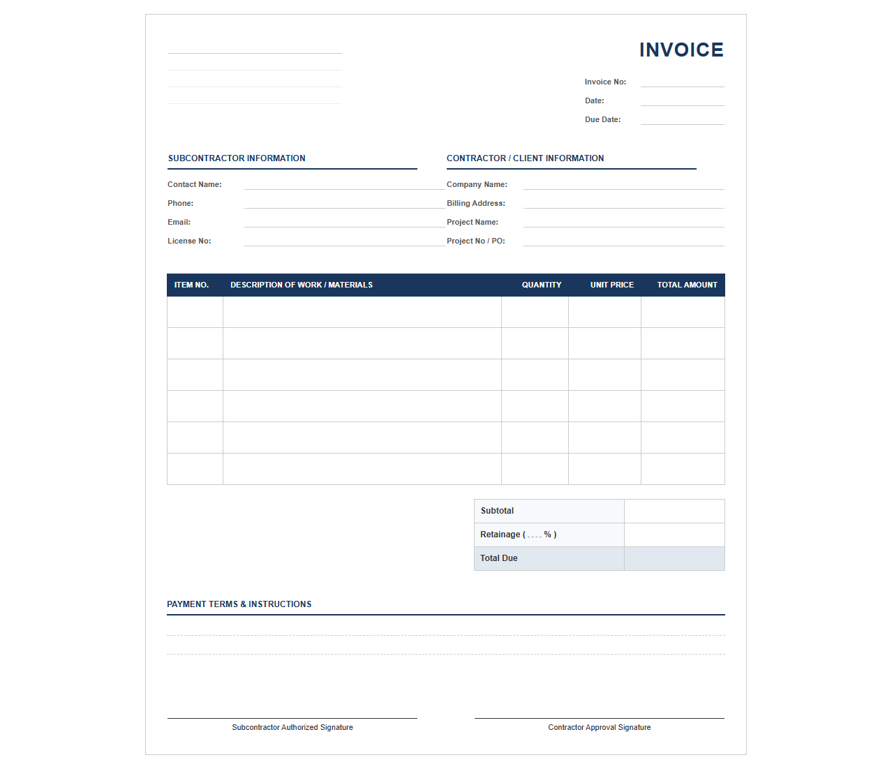 Construction Subcontractor Invoice Template