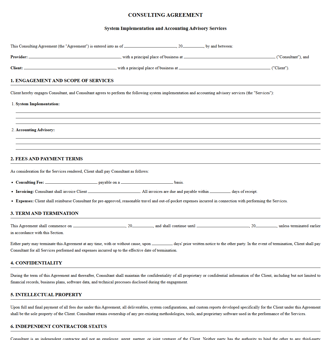 Consulting Agreement for System Implementation and Accounting Advisory