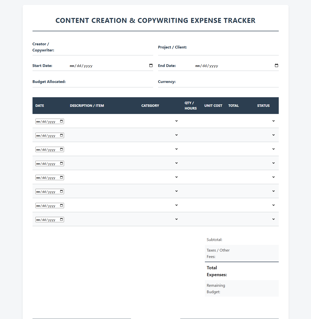 Content Creation and Copywriting Expense Tracker
