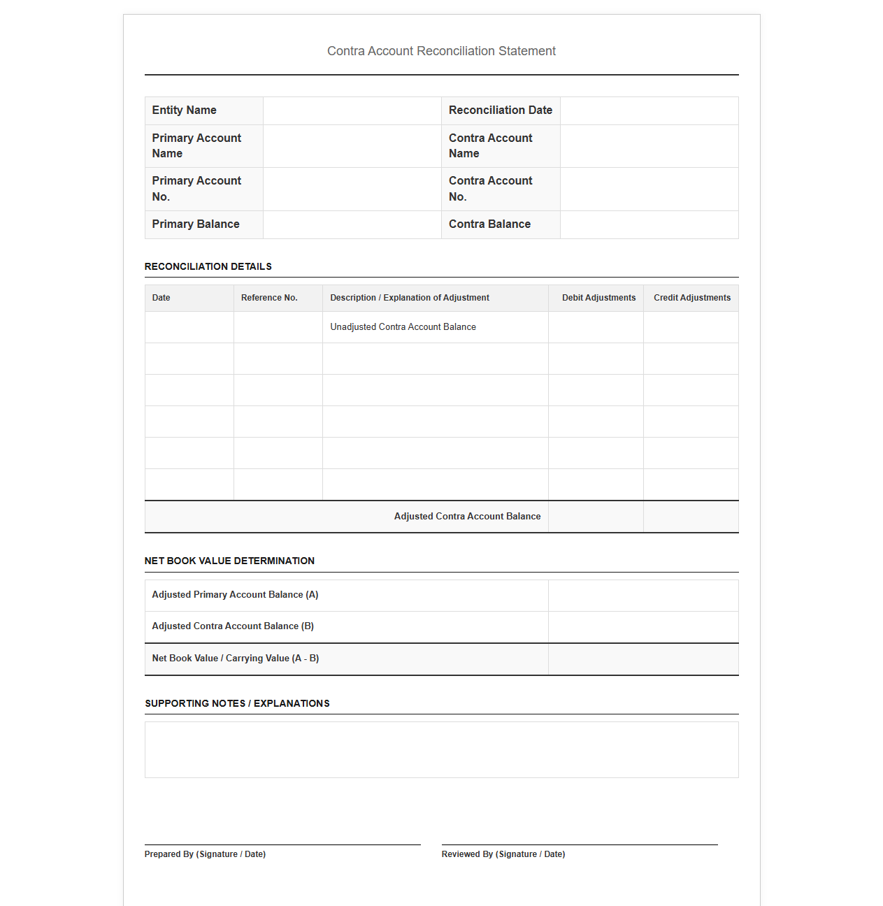 Contra Account Reconciliation Statement Template