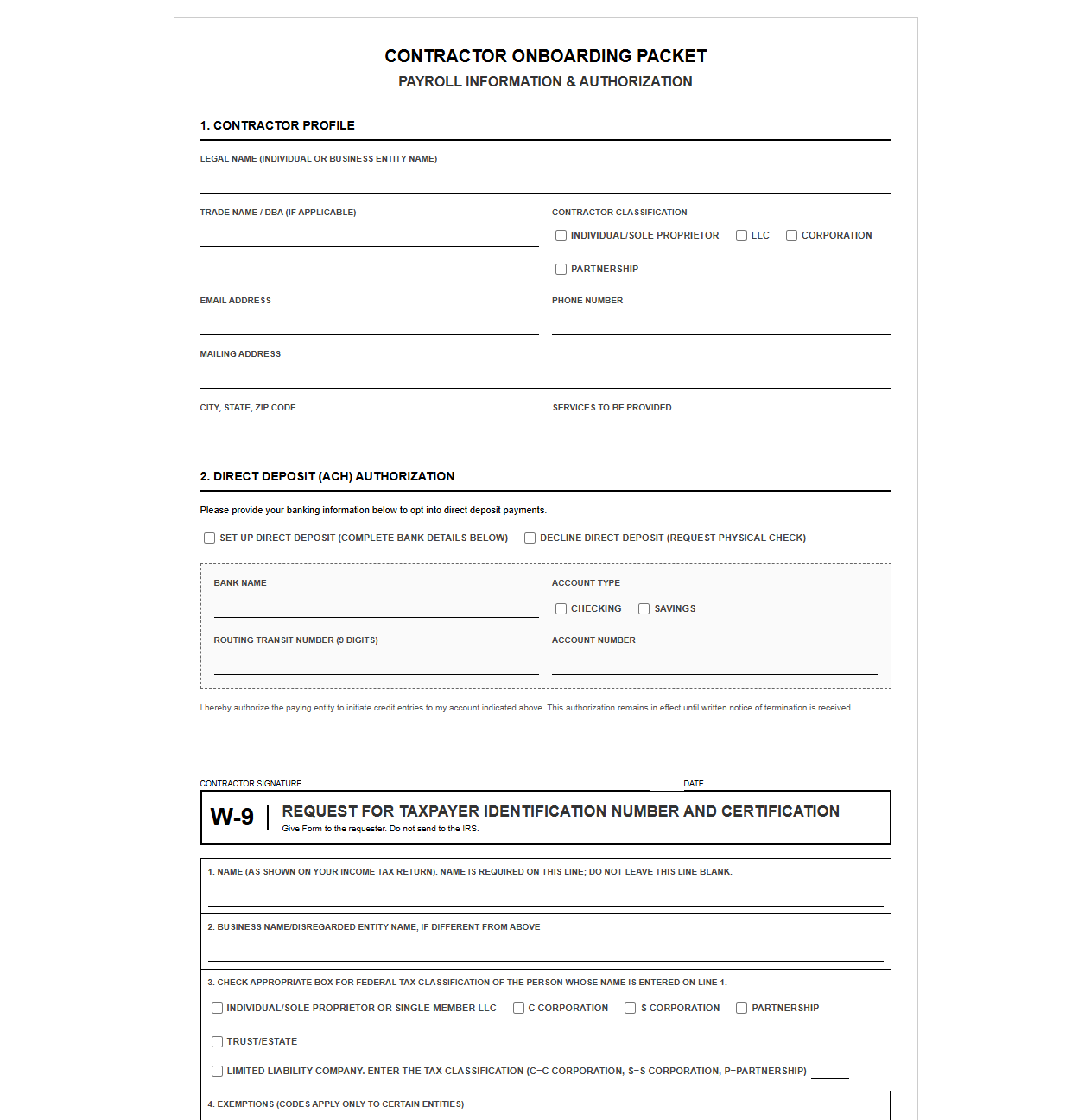 Contractor Onboarding Payroll Packet and W-9 Form