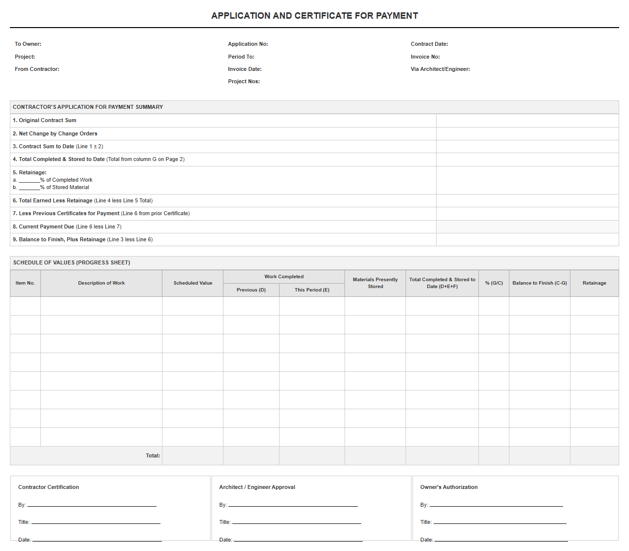 Contractor Schedule of Values Progress Invoice