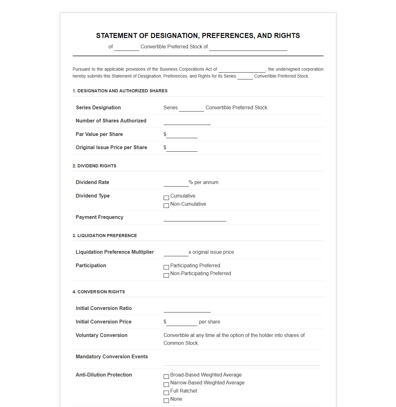 Convertible Preferred Stock Terms Statement Template