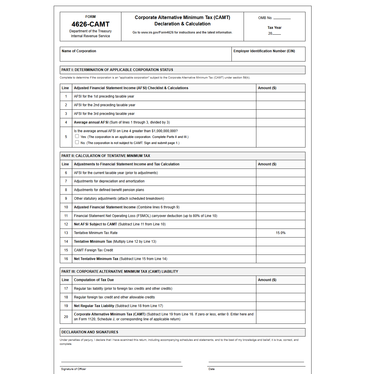 Corporate Alternative Minimum Tax Declaration Template