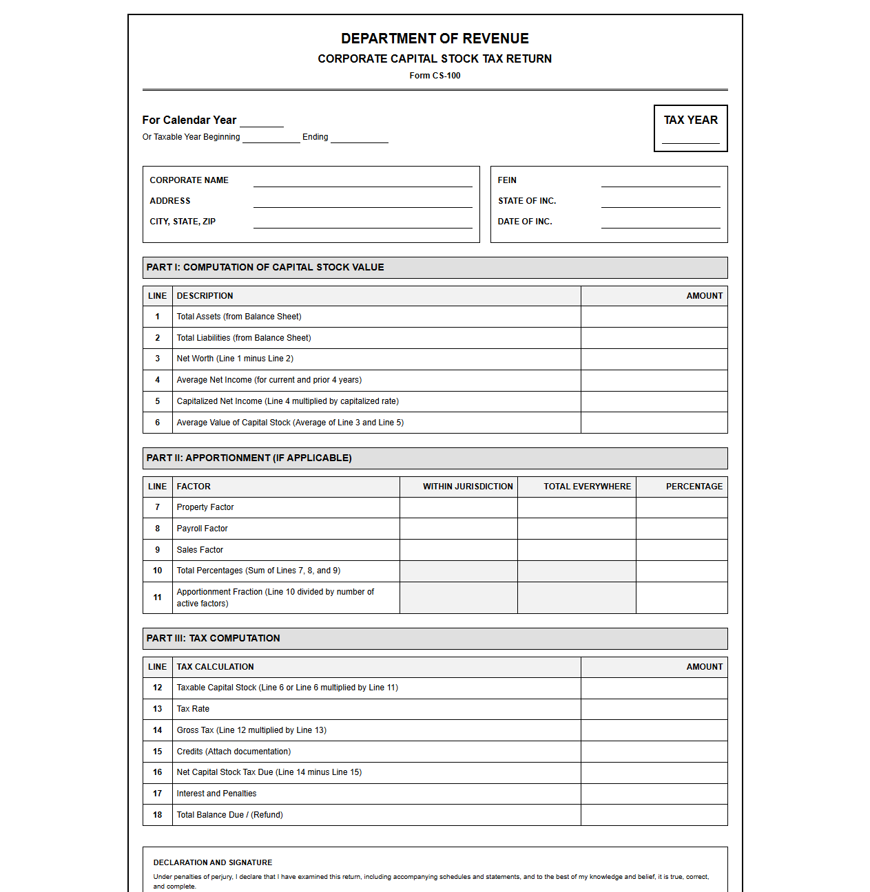 Corporate Capital Stock Tax Return Template
