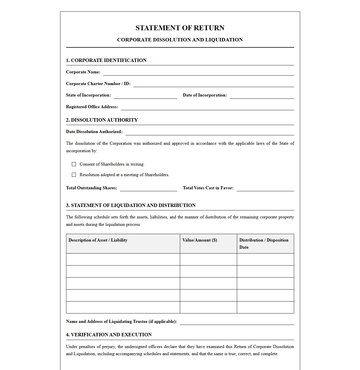 Corporate Dissolution and Liquidation Statement of Return