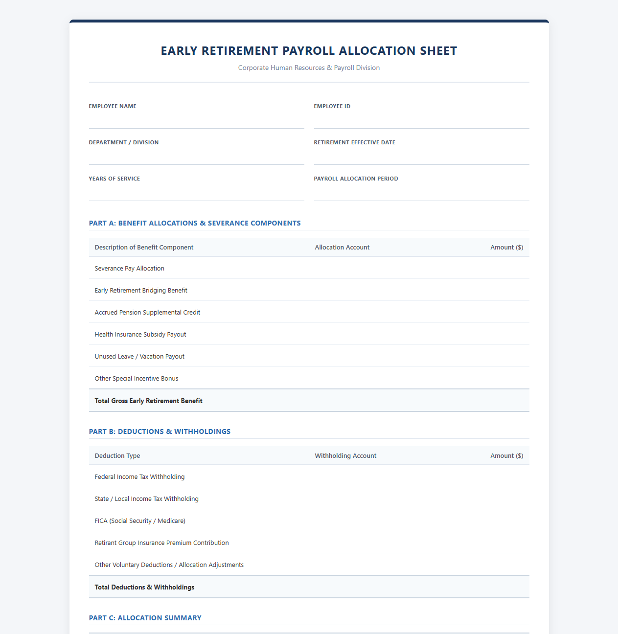 Corporate Early Retirement Payroll Allocation Sheet