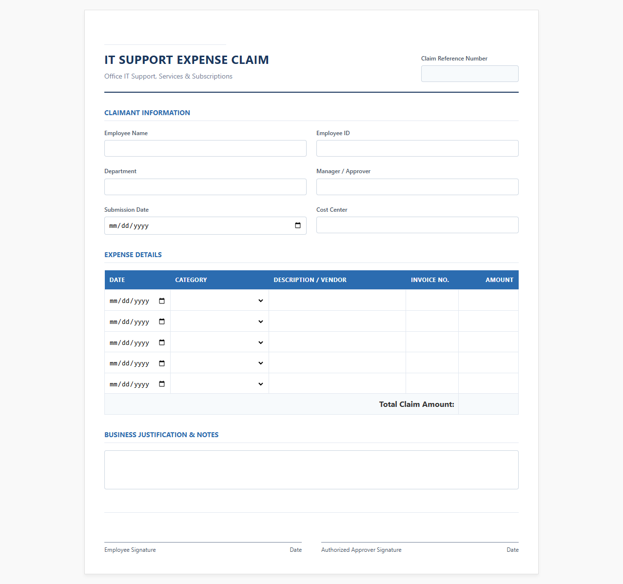 Corporate IT Support Expense Claim Form