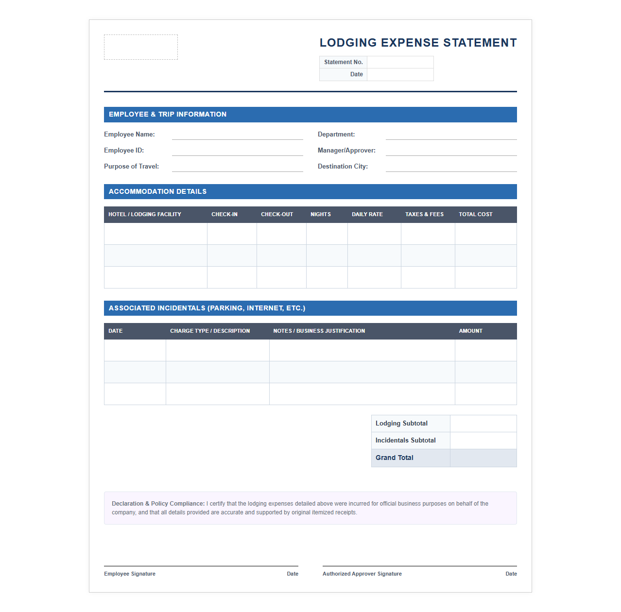 Corporate Lodging Expense Statement