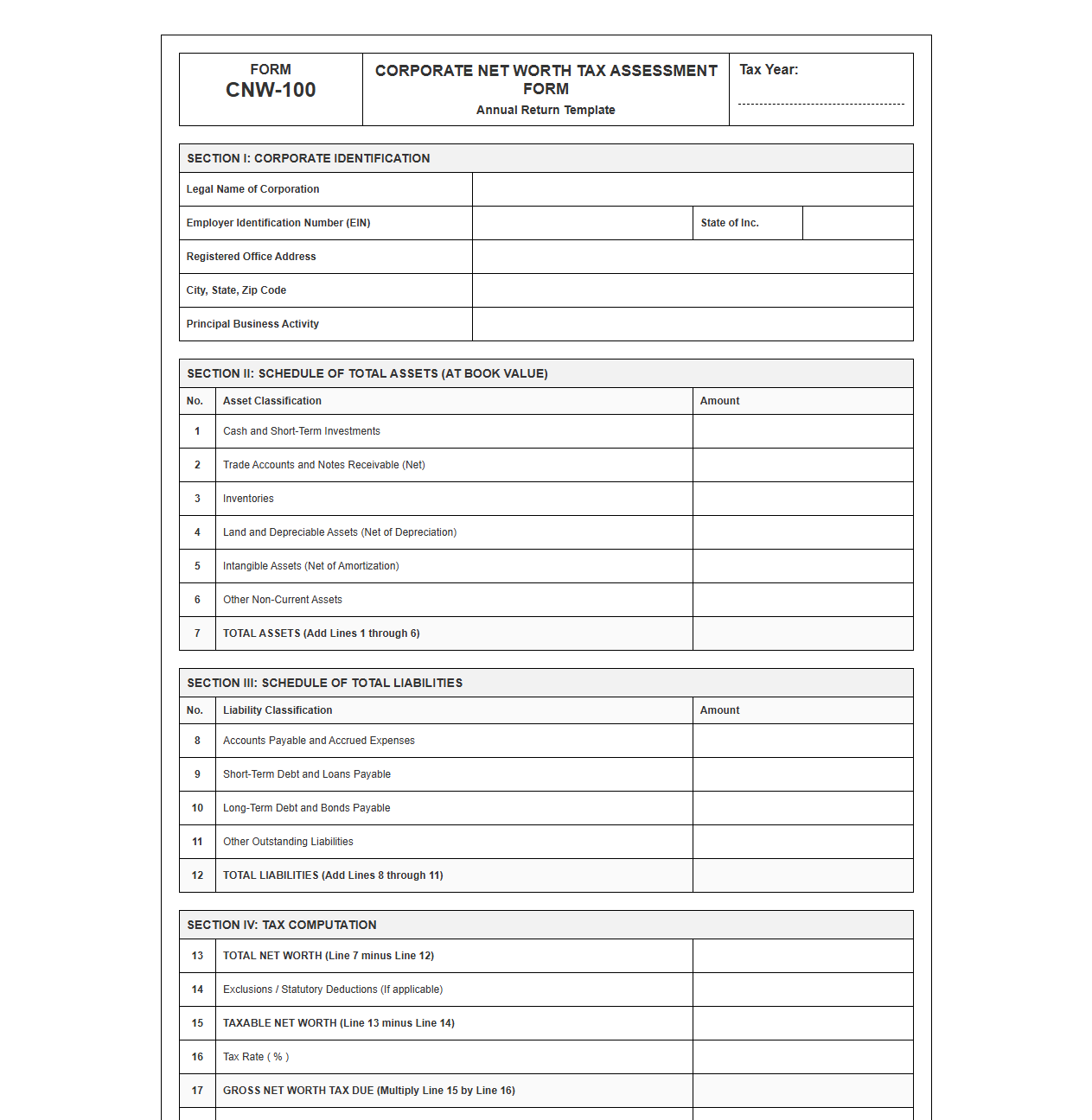 Corporate Net Worth Tax Assessment Form