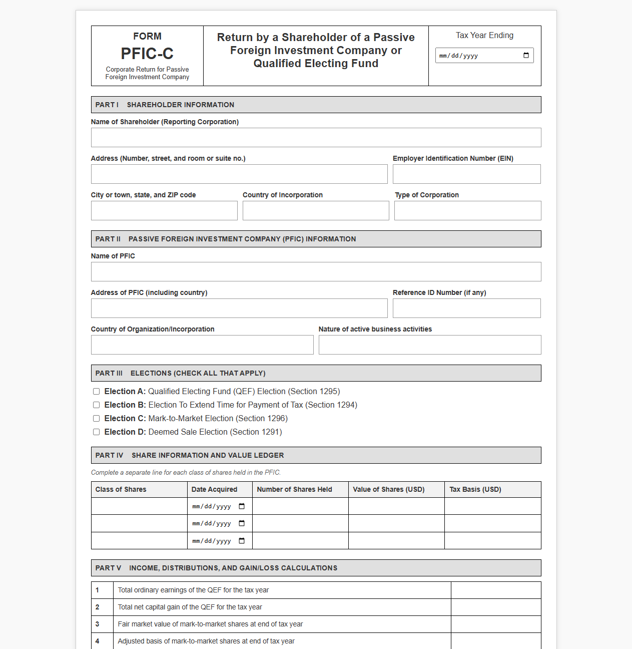 Corporate Passive Foreign Investment Company Return Form Template