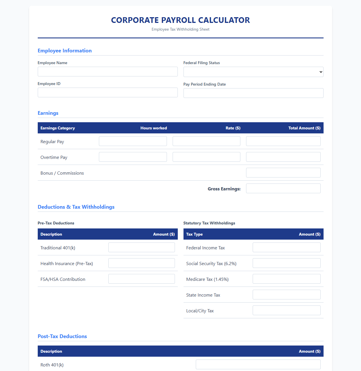 Corporate Payroll Calculator for Employee Tax Withholding