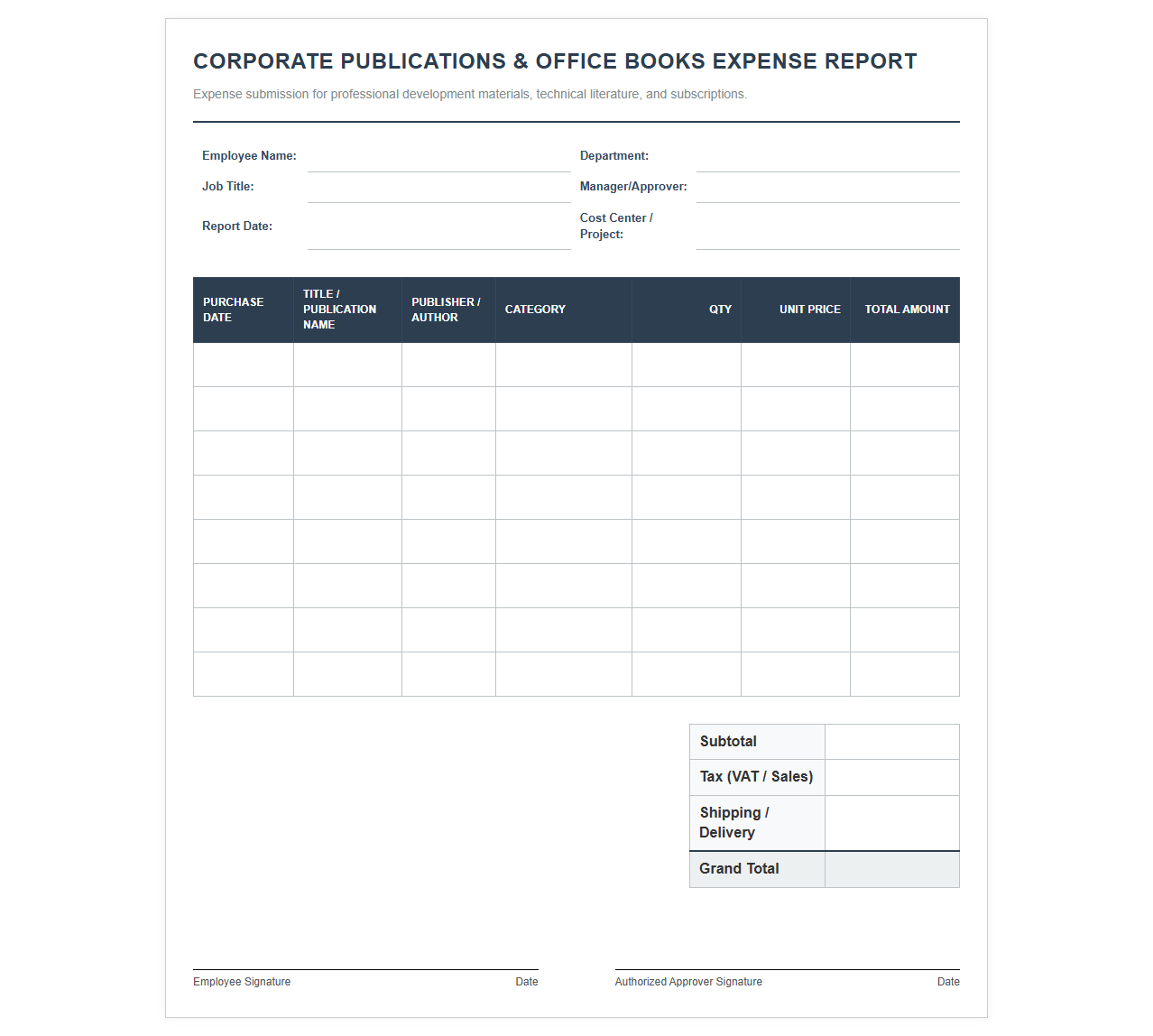 Corporate Publications and Office Books Expense Report