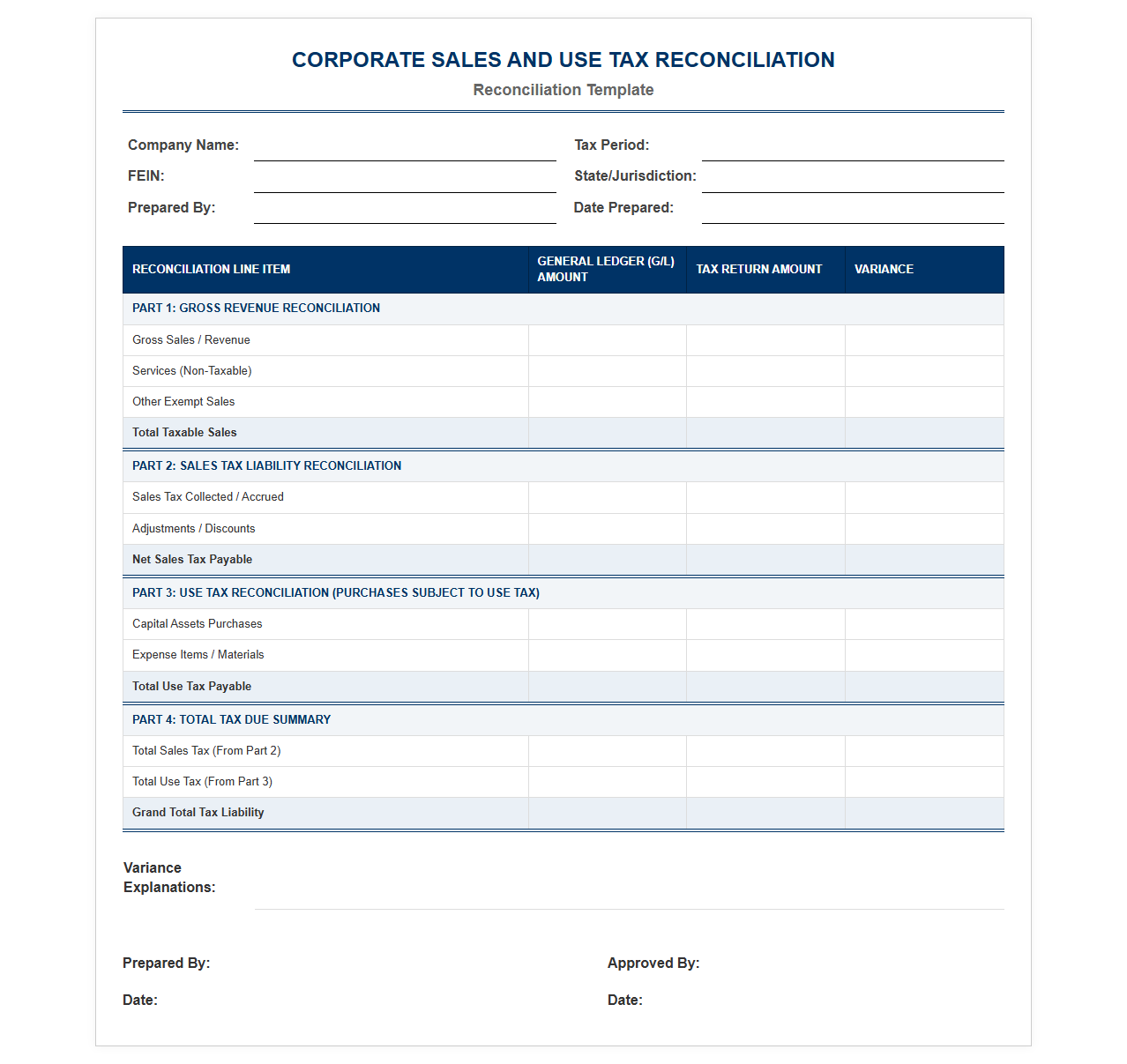 Corporate Sales and Use Tax Reconciliation Template