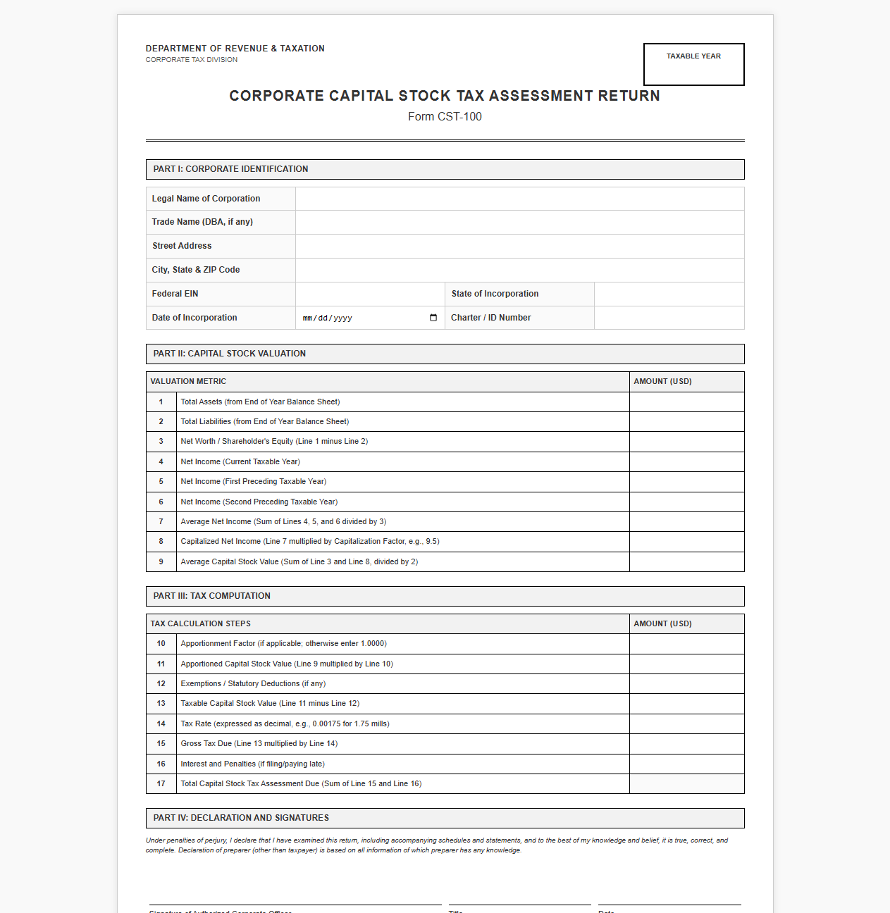 Corporate Stock Tax Assessment Return Template