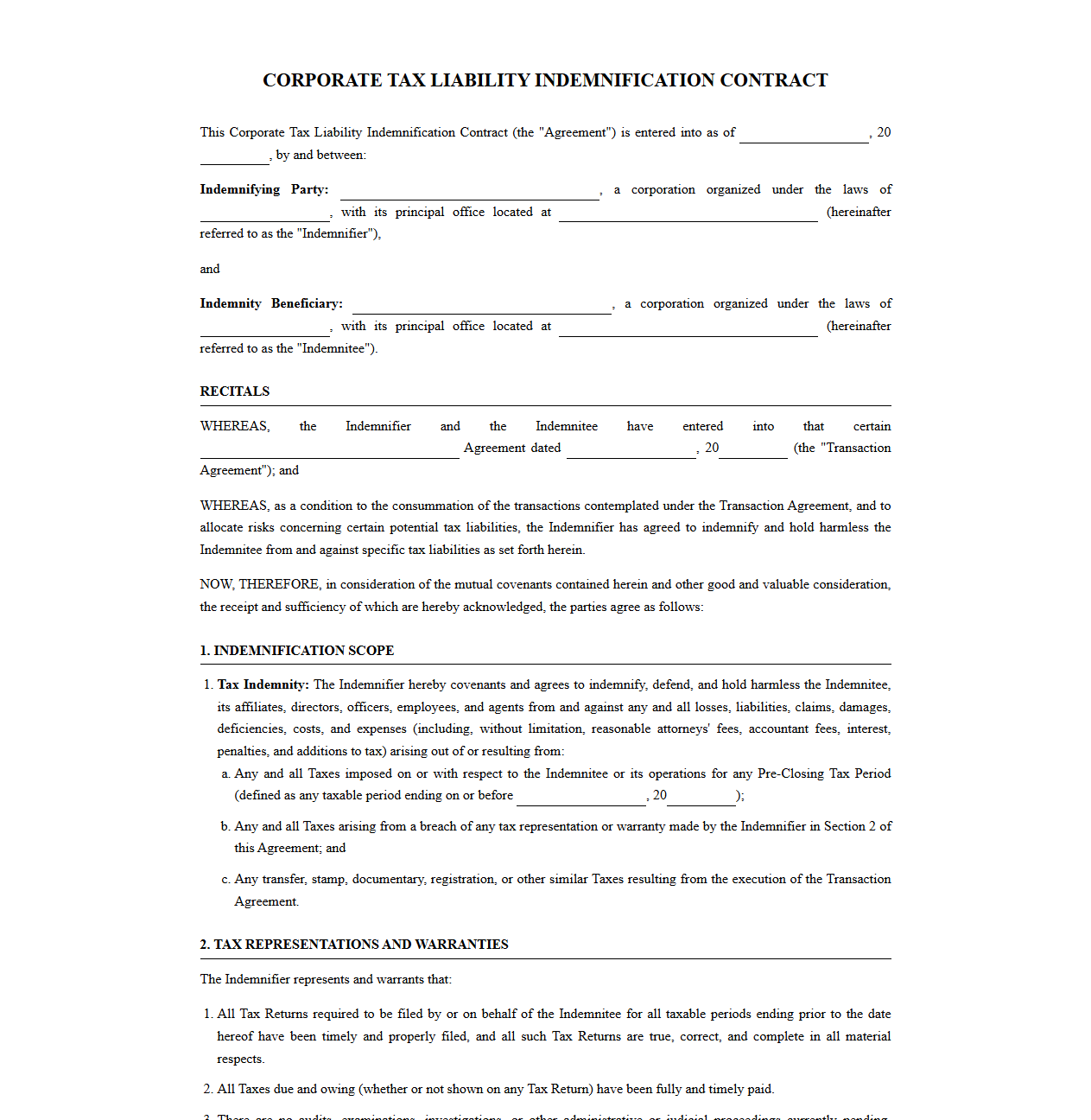Corporate Tax Liability Indemnification Contract