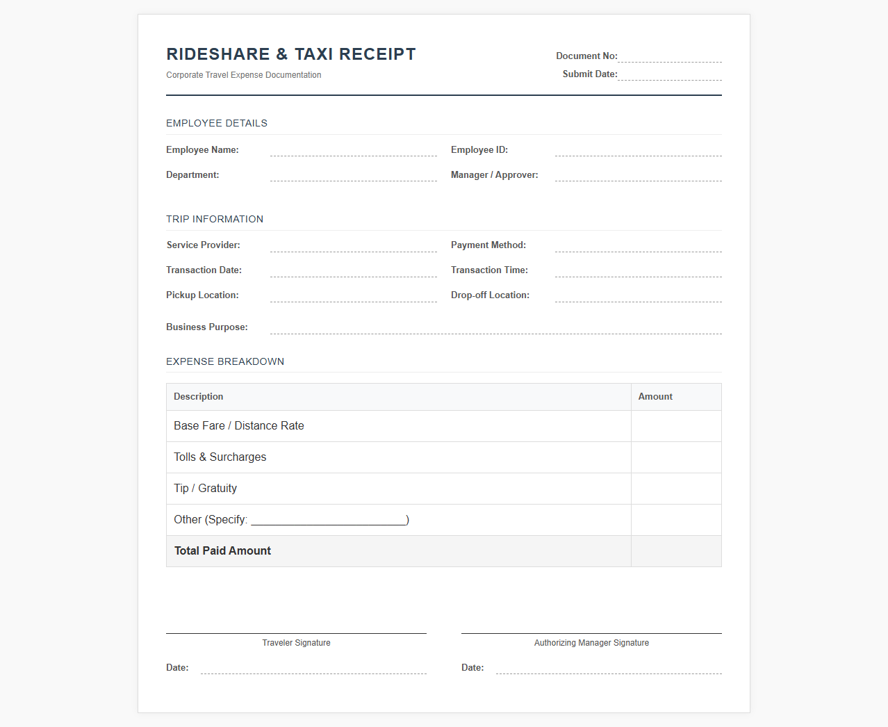 Corporate Travel Rideshare Receipt Template