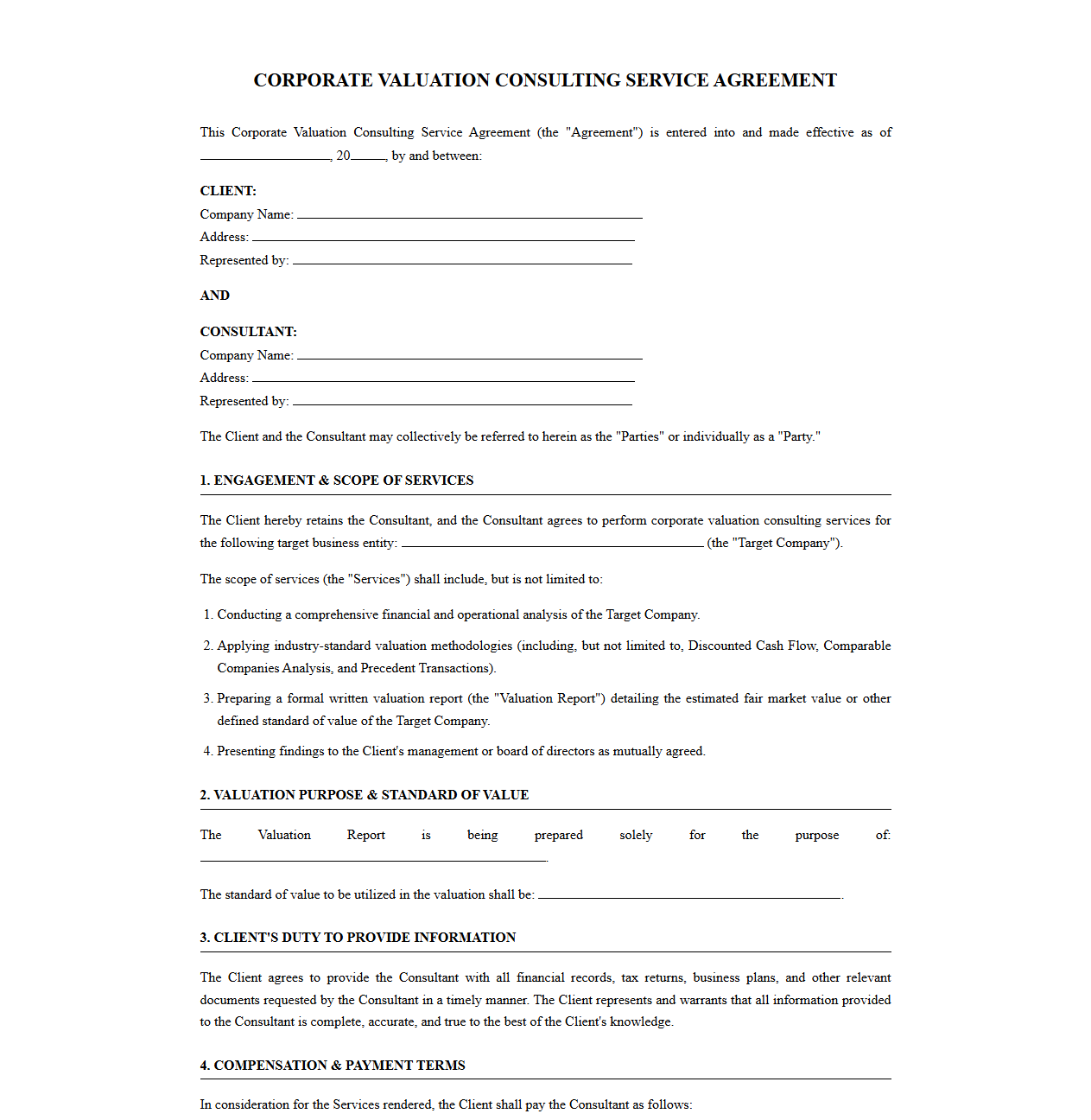 Corporate Valuation Consulting Service Contract