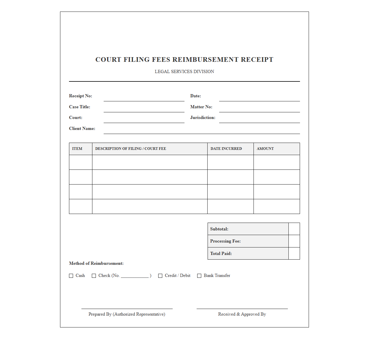 Court Filing Fees Reimbursement Legal Receipt