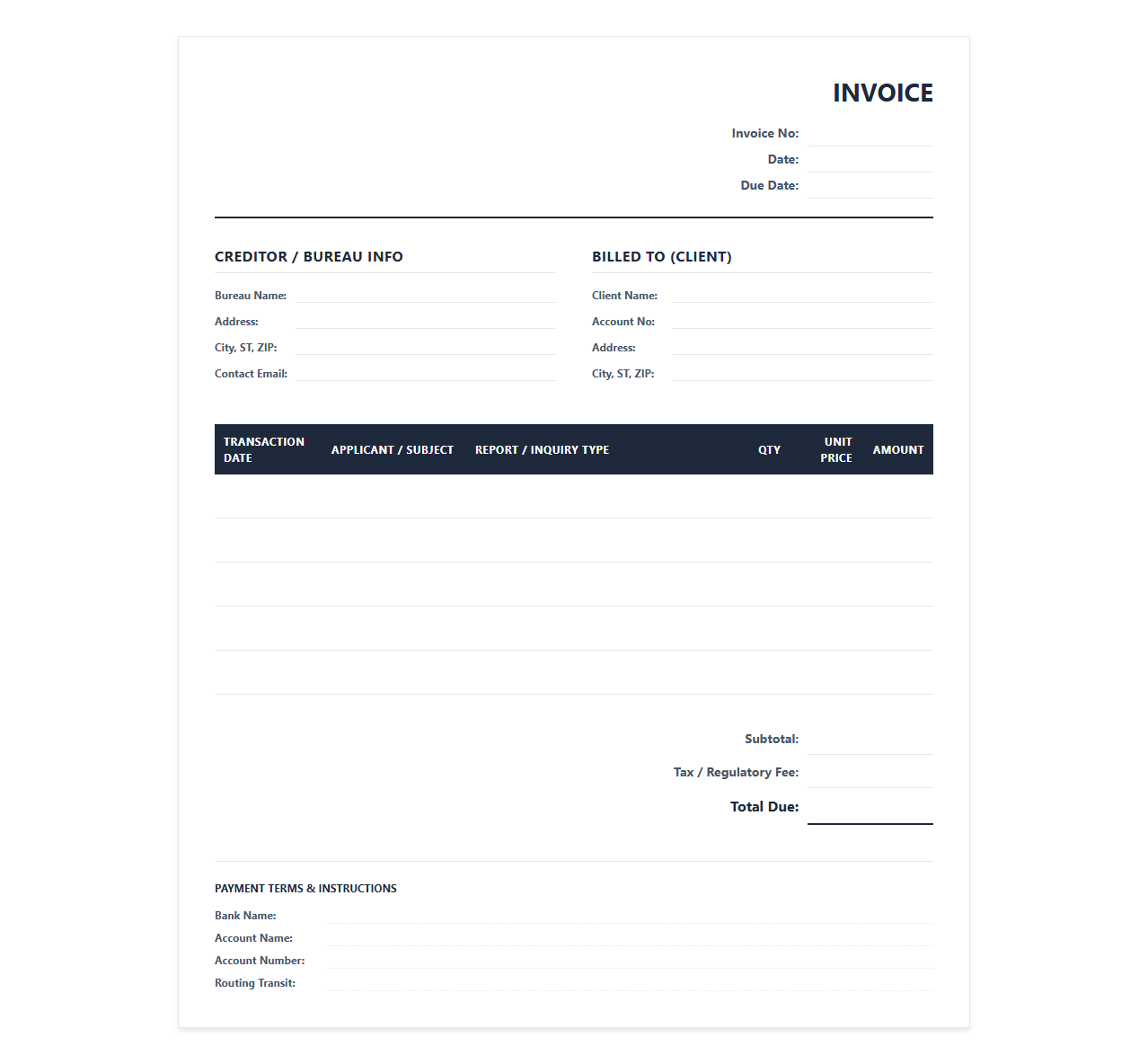 Credit Bureau Access Charge Invoice