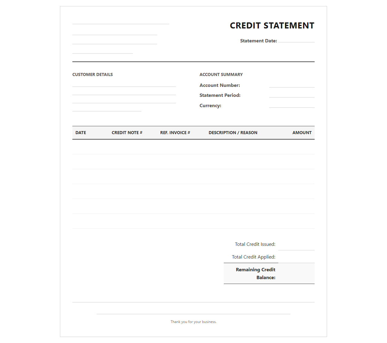 Credit Note Account Statement Template