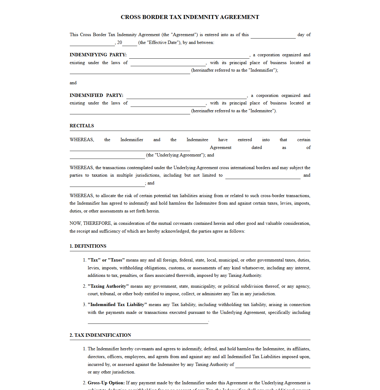 Cross Border Tax Indemnity Agreement Form