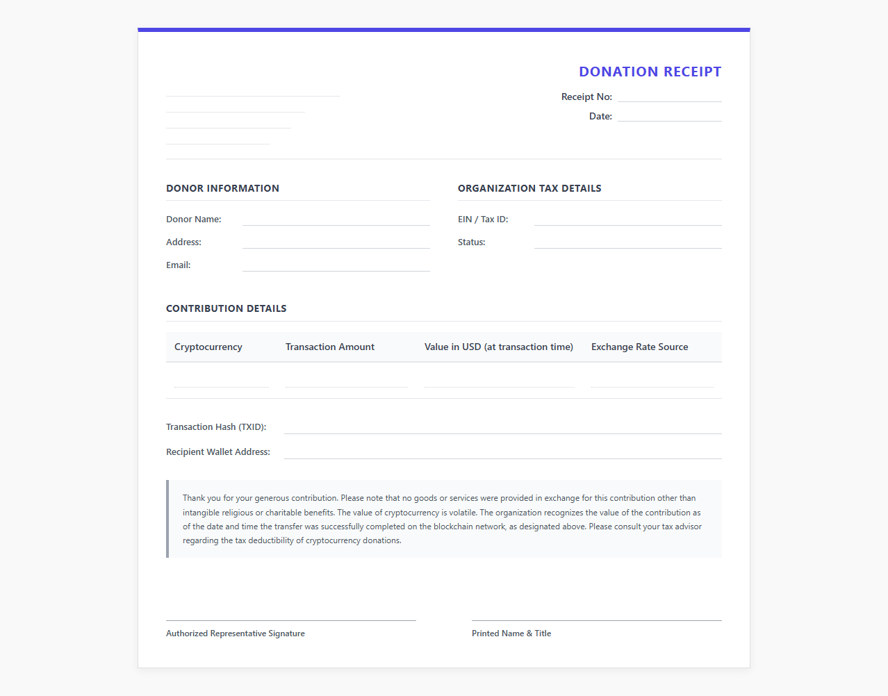 Cryptocurrency Charitable Contribution Receipt
