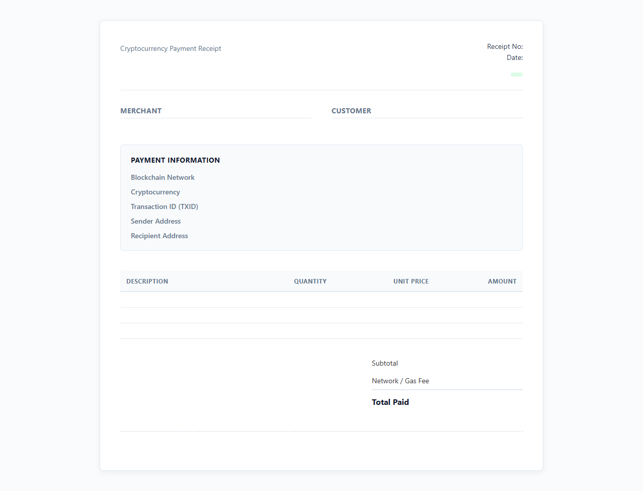 Cryptocurrency Sales Receipt Template