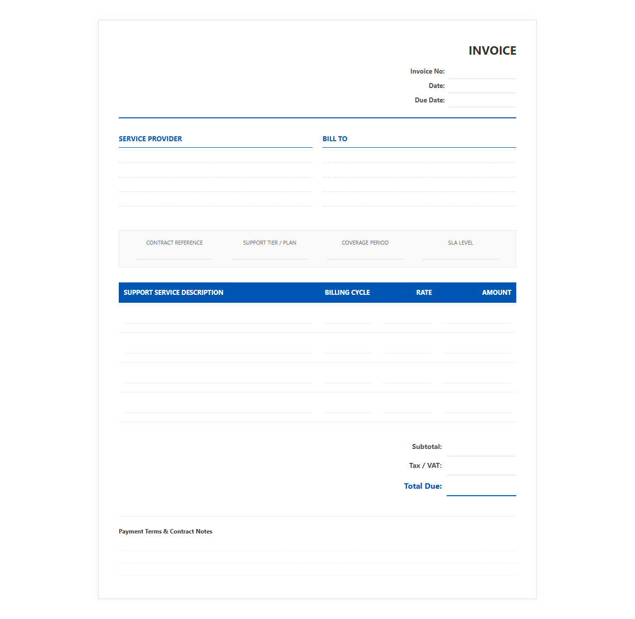 Customer Support Contract Billing Invoice