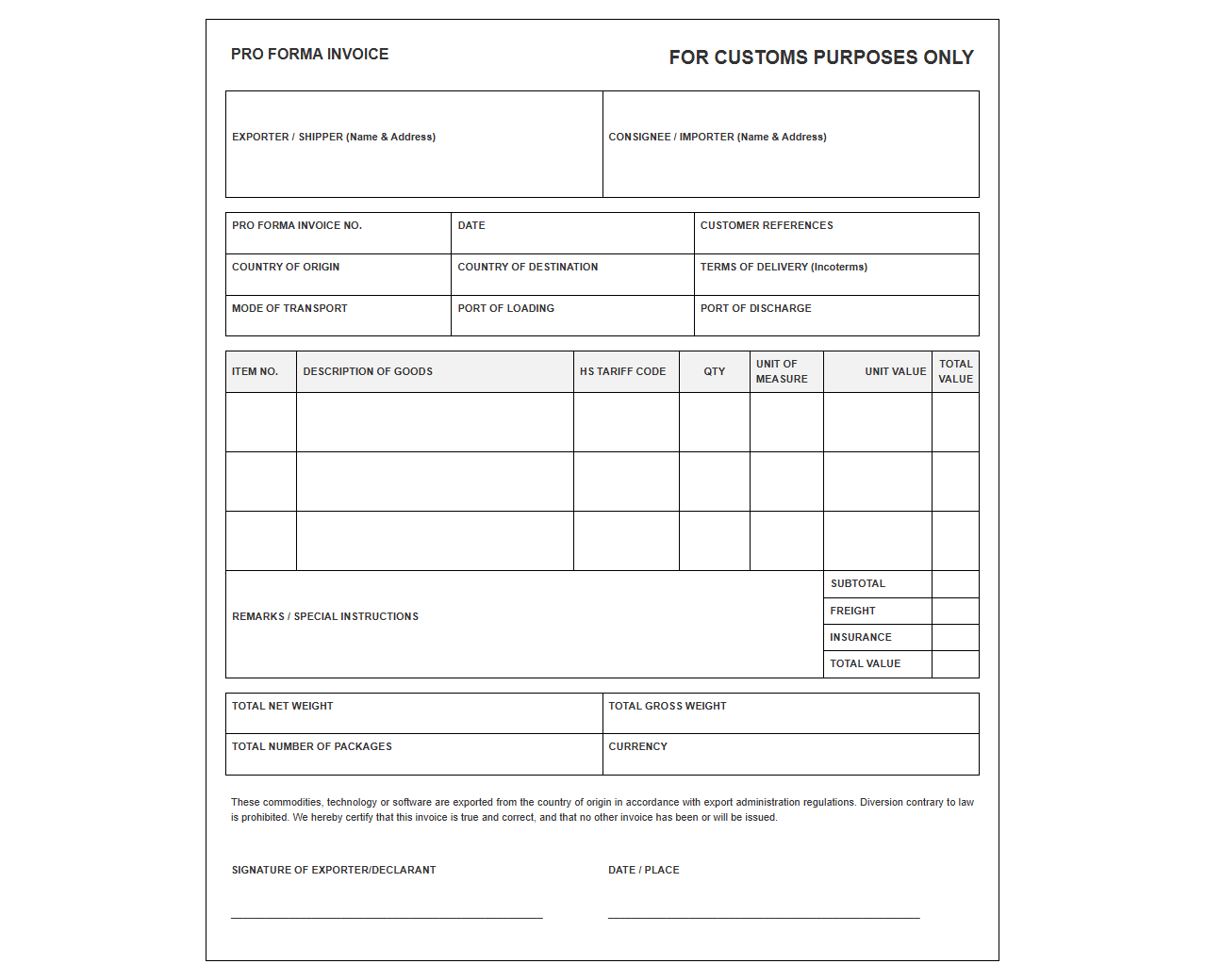 Customs Clearance Pro Forma Invoice Template