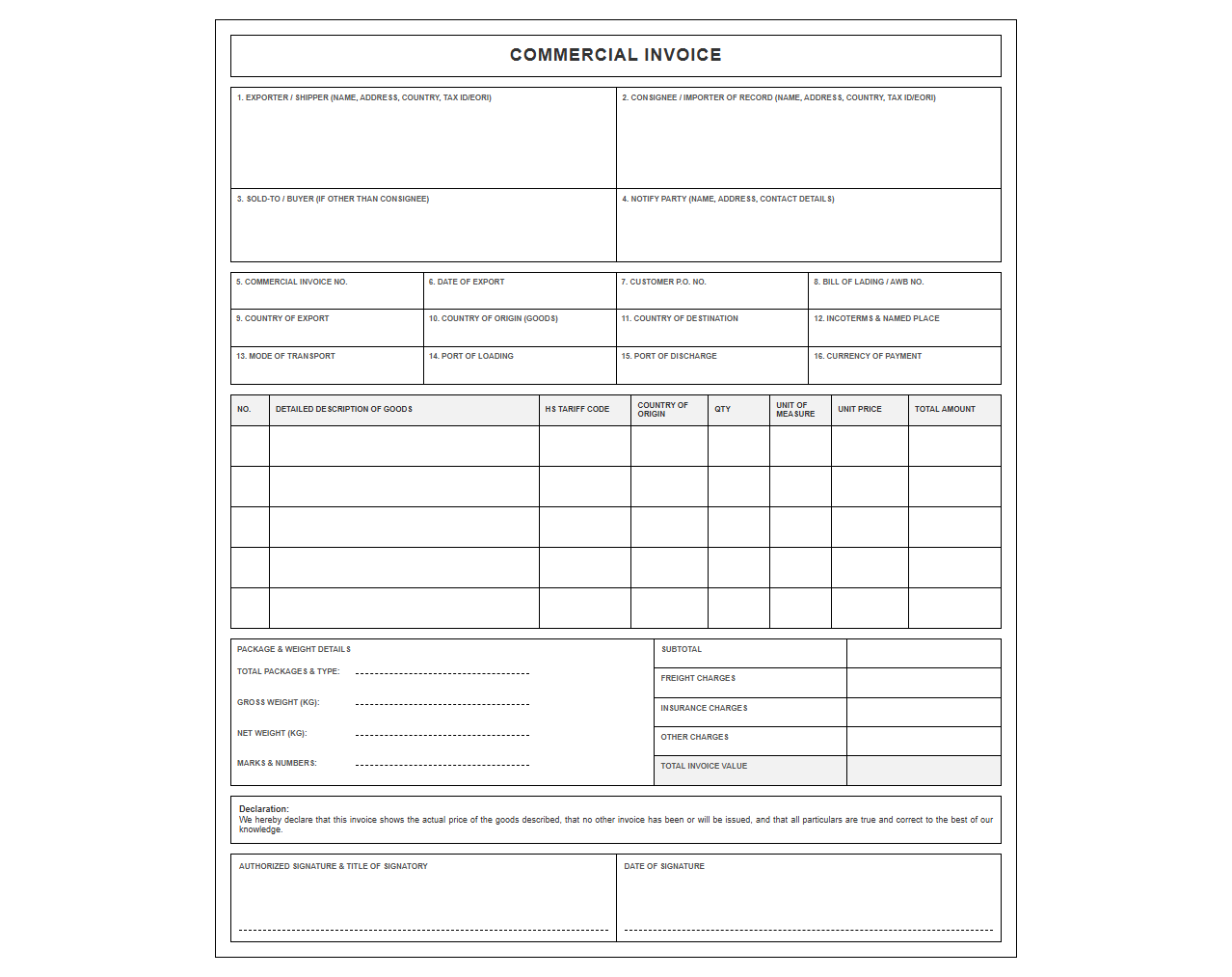 Customs Compliant Commercial Import Invoice Template