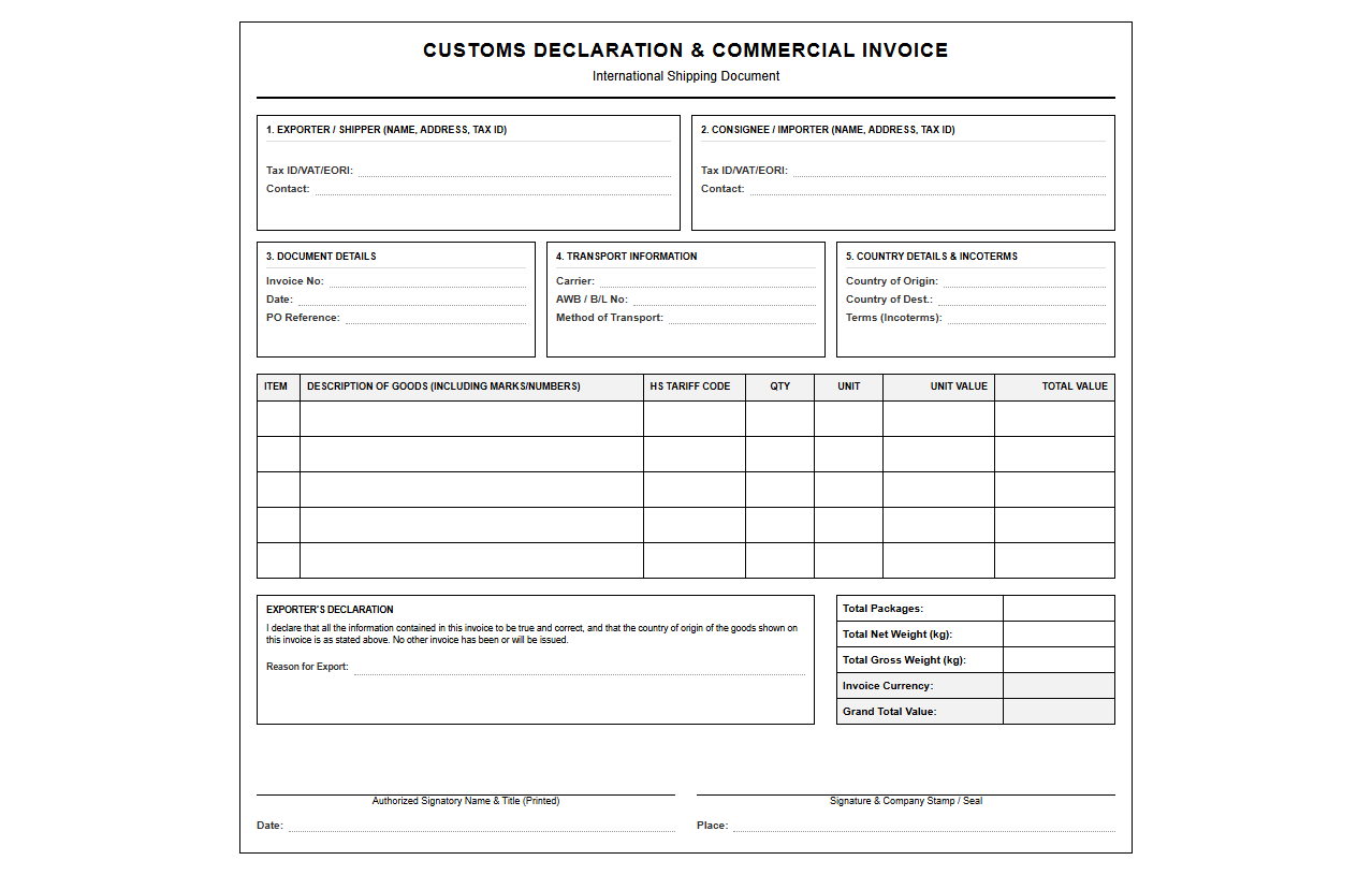 Customs Declaration and Commercial Shipping Invoice