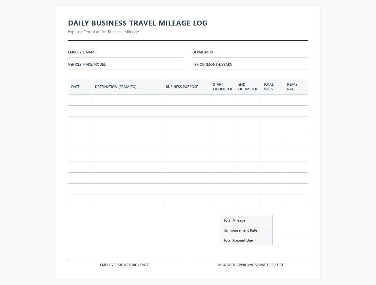 Daily Business Travel Mileage Log
