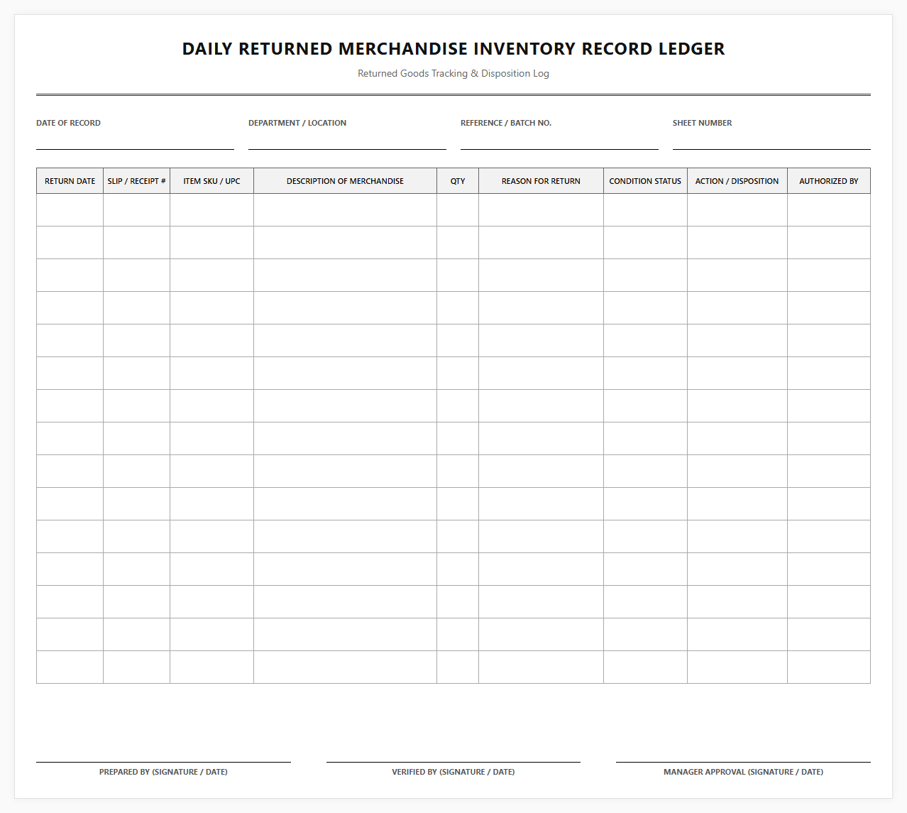 Daily Returned Merchandise Inventory Record Ledger