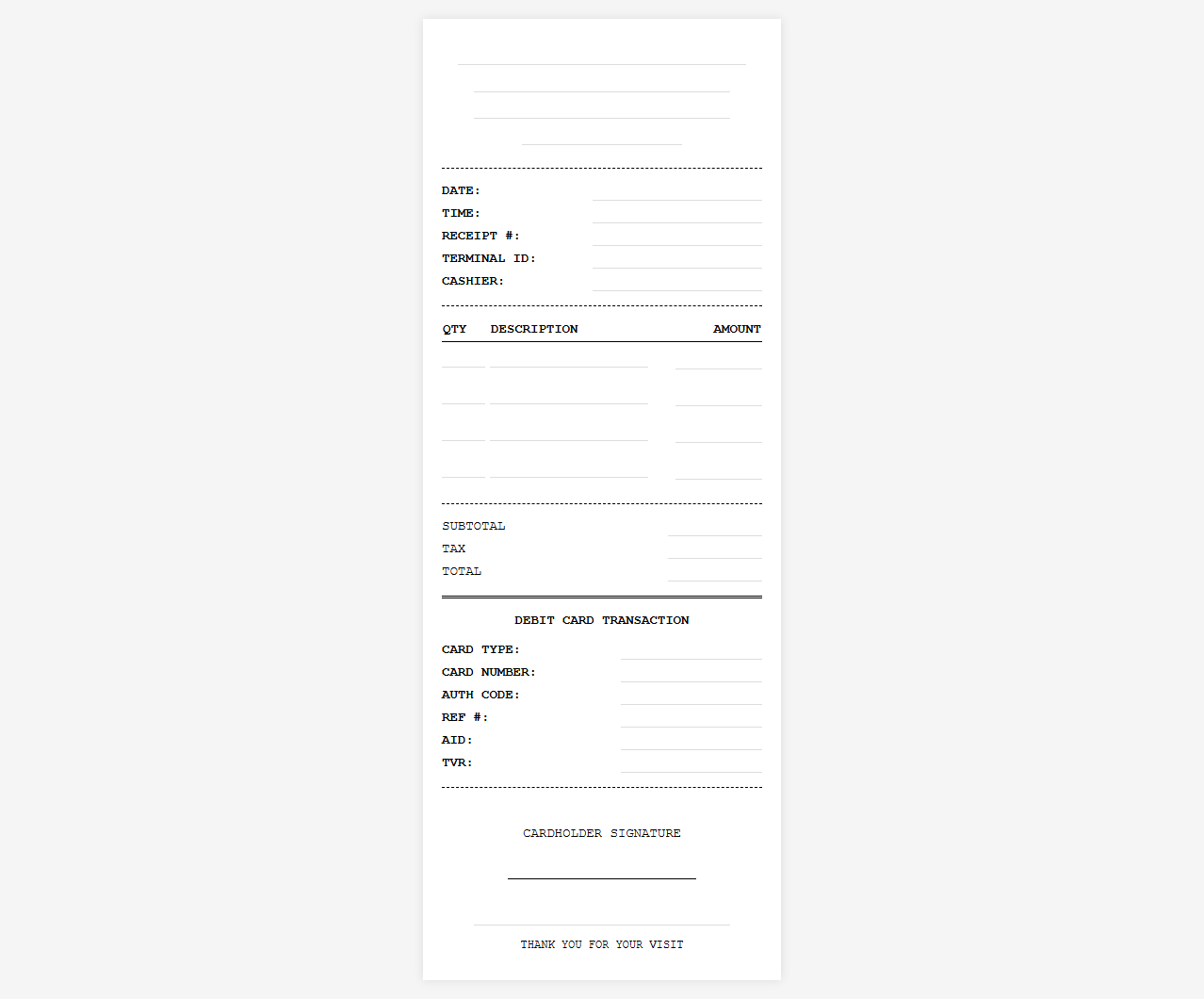 Debit Card Transaction Receipt Template