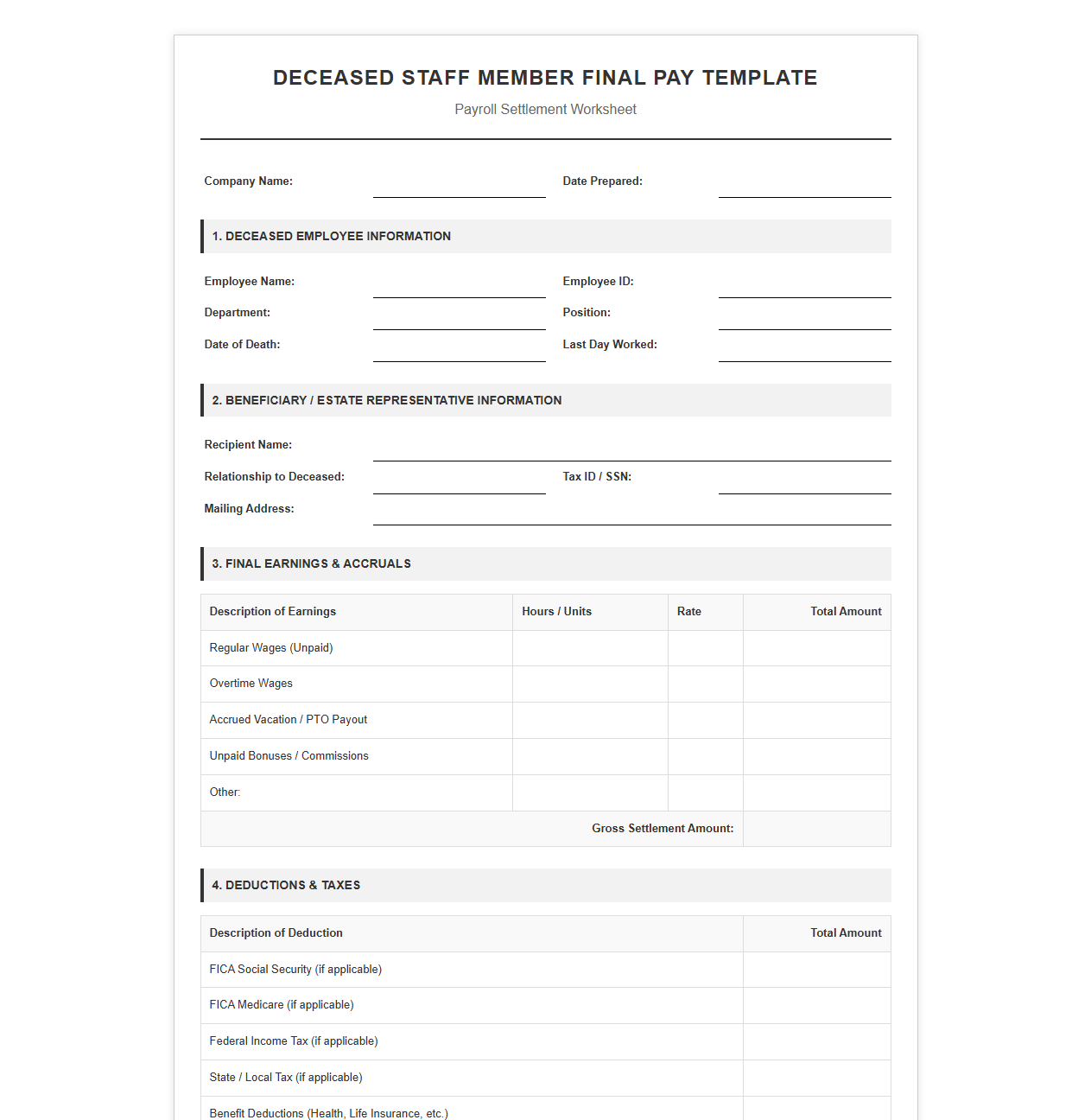 Deceased Staff Member Final Pay Template