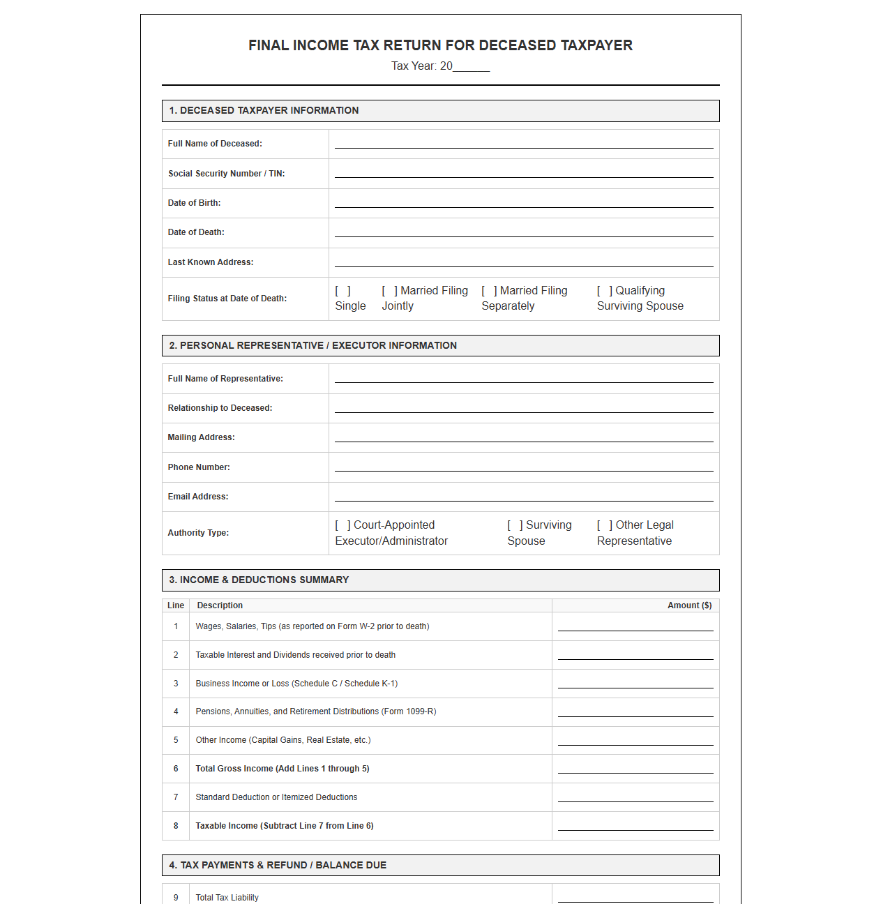 Deceased Taxpayer Final Income Tax Return Template