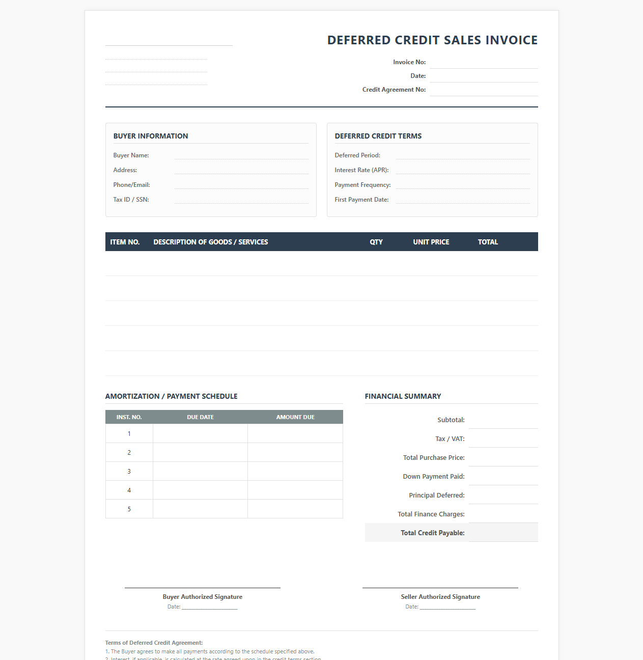 Deferred Credit Sales Invoice Template